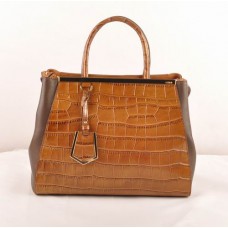 Sac moyen Fendi 2jours en cuir veiné de crocodile couleur café et cuir Ferrari couleur café foncé