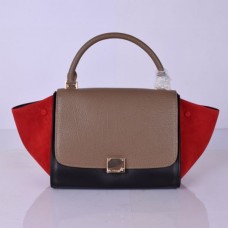 Sac Céline trapèze moyen en daim kaki, noir et rouge