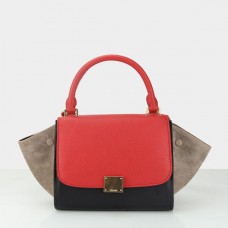 Sac Céline petit trapèze en daim rouge, noir et kaki