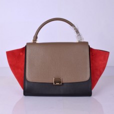 Sac Céline Large Trapeze en daim kaki, noir et rouge