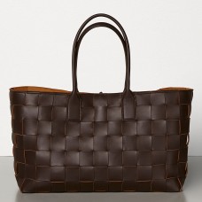 Sac cabas moyen Bottega Veneta en toile Maxi Weave marron foncé