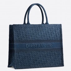Sac cabas Dior Book Tote en toile bleu denim brodée Dior Oblique