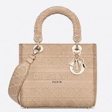 Sac Dior Lady D-Lite moyen en toile brodée beige