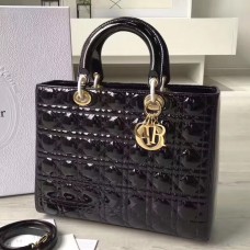 Sac Lady Dior grand format en cuir verni noir